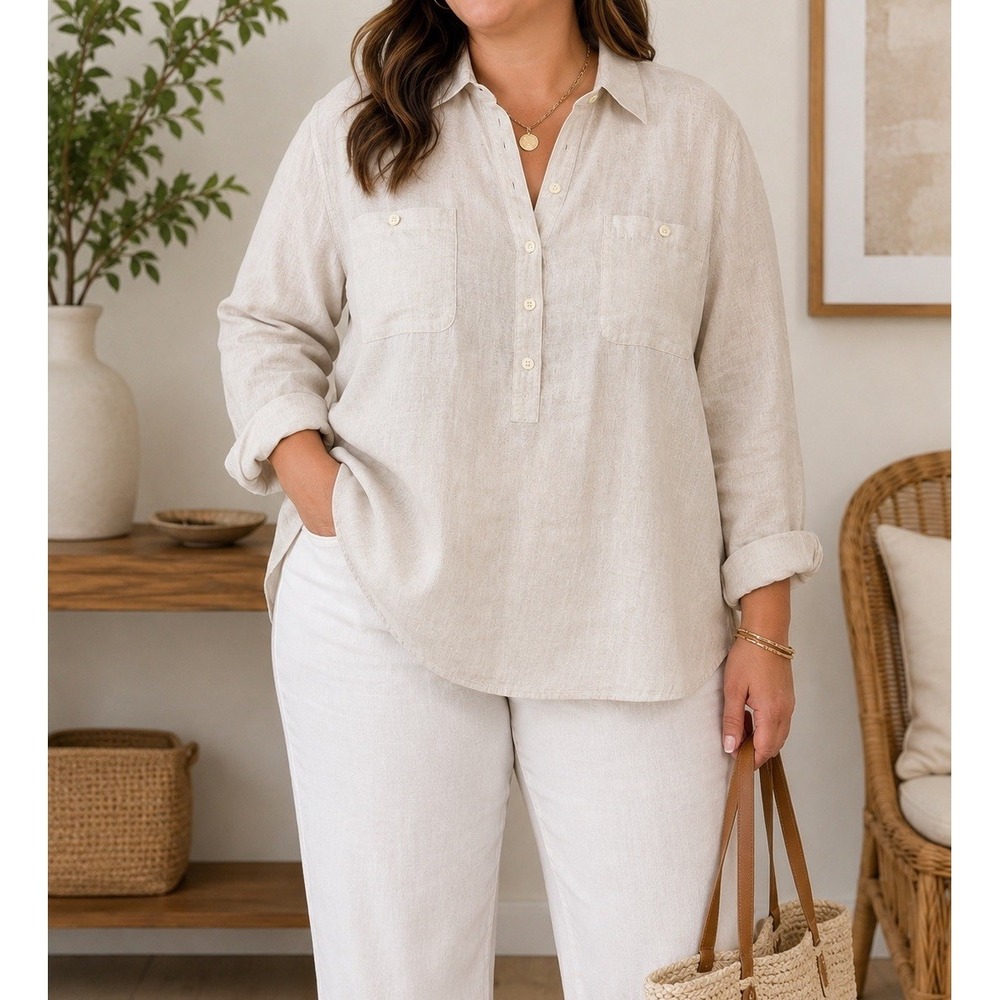Talbots 3X Beige 100% Linen Popover Blouse Relaxed Long Sleeve Plus Size